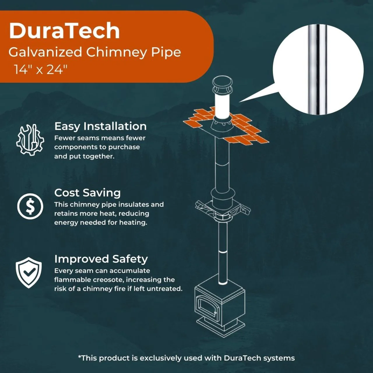 14" x 24" DuraTech Galvanized Chimney Pipe - 14DT-24 - Image 3